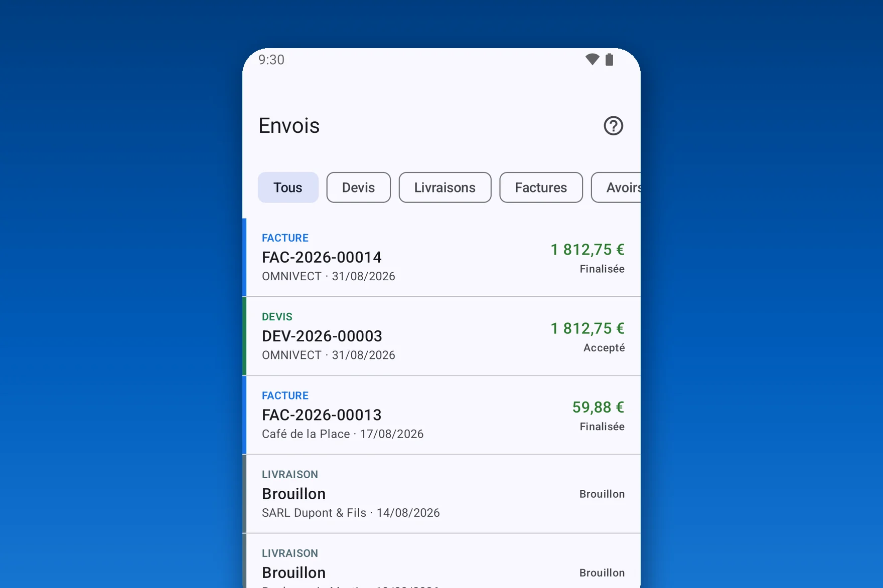 Aperçu d'OmniFacture — l'application Android