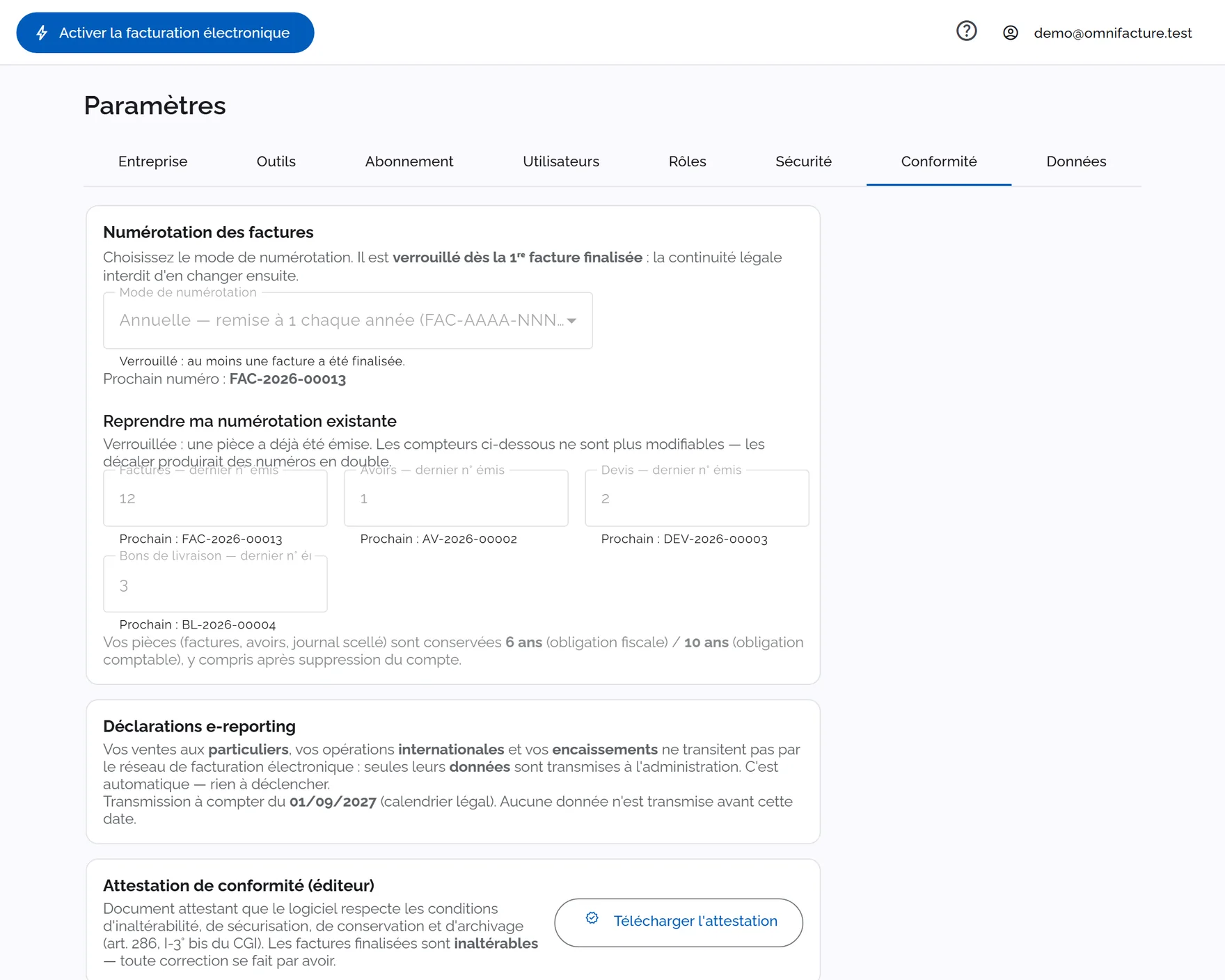 Aperçu d'OmniFacture — onglet conformité