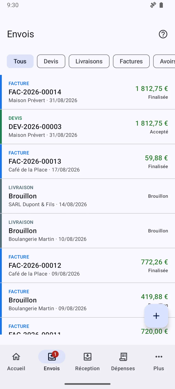 L’application Android d’OmniFacture : la liste des envois, avec les devis, bons de livraison et factures, leurs statuts et leurs montants.