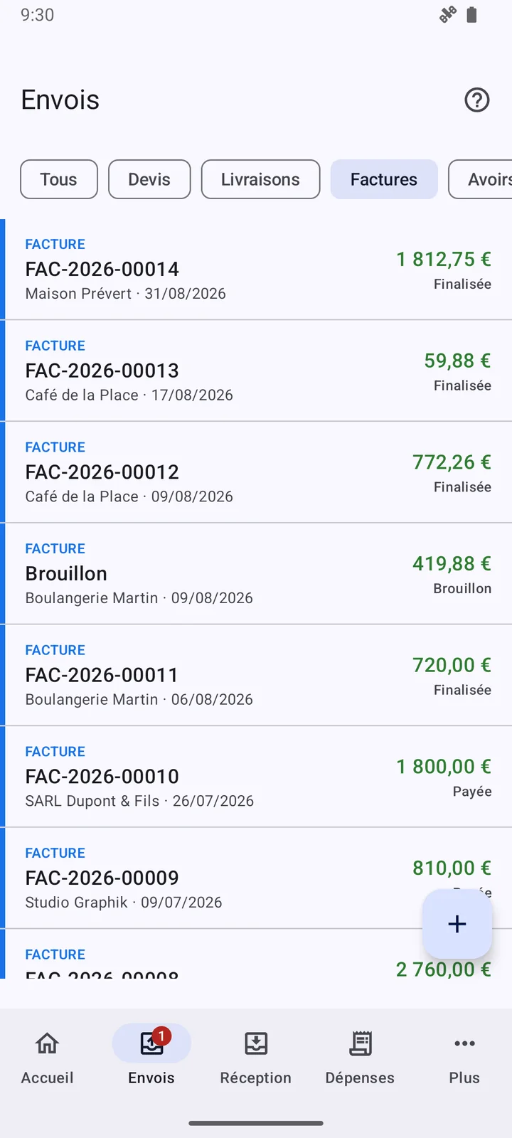 L’application Android d’OmniFacture : les factures, avec leur numéro, leur client, leur date, leur montant et leur statut.